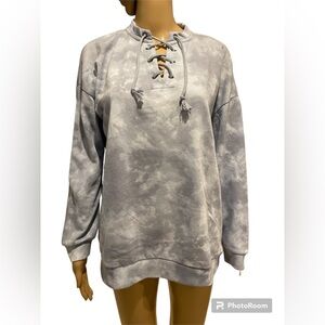 Olive + Oak  Pull Over Sweater V Neck Tie-up Size S Blue Tie Dye